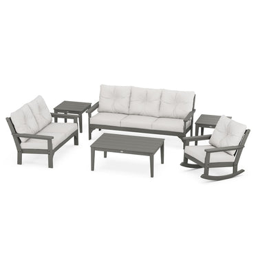 POLYWOOD Vineyard 6-Piece Deep Seating Set w/ Rocker - Slate Grey / Natural Linen